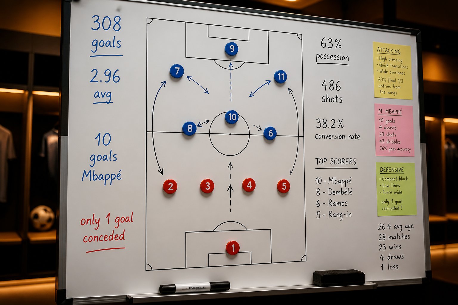 308 goles, 104 partidos, 2.96 promedio - los datos mandan